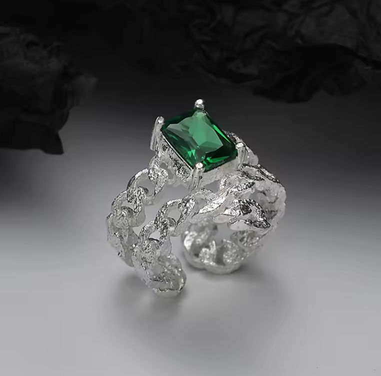 Bague en émeraude, argent sterling 925, avec texture ajourée