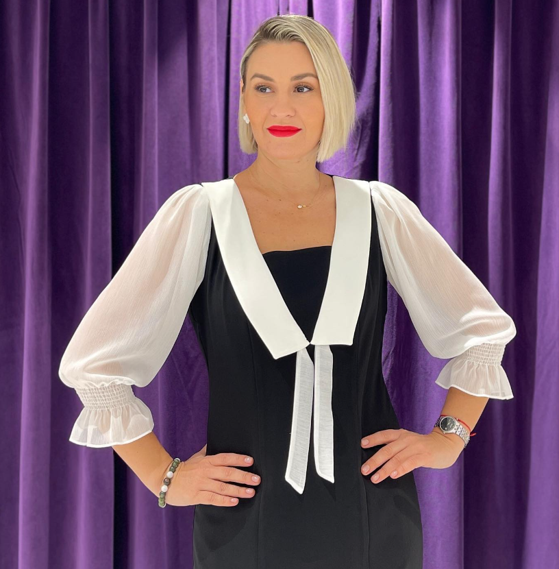 Robe midi formelle à manches longues, noir/blanc.