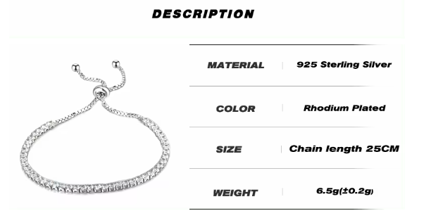 Bracelet de Tennis en Argent Sterling S925 Plaqué Rhodium avec Diamants