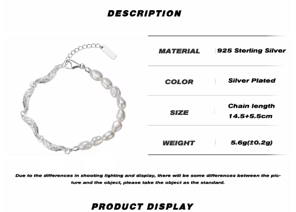 Bracelet à Breloque en Argent Sterling S925, Ornements de Perles et de Silver