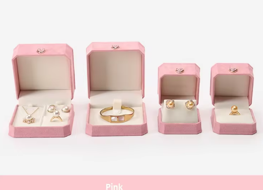 Boîte à bijoux en velours en rose pour boucles d'oreilles, ensembles de bagues
