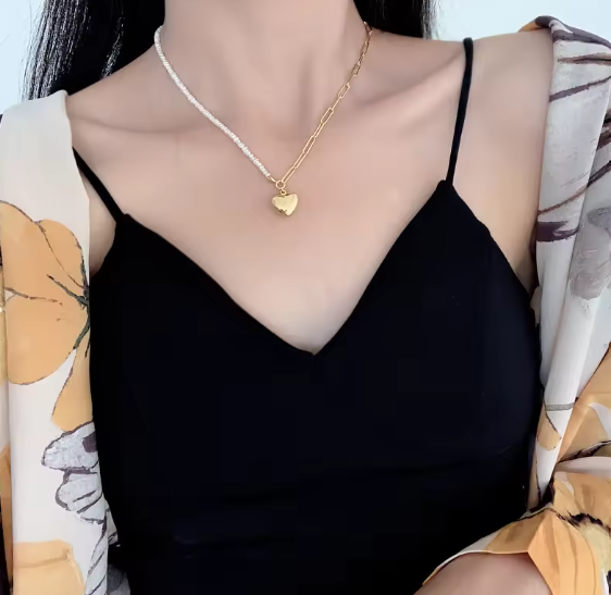 Collier Pendentif Cœur en Argent Sterling 925 Plaqué Or avec Perle d'Eau de Mer