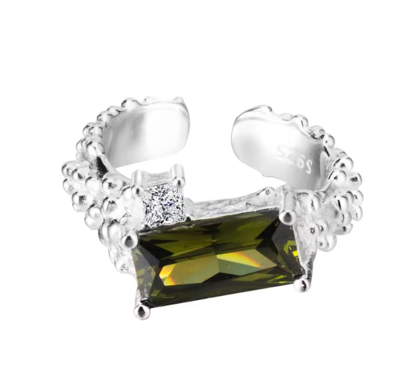 Bague en Argent Sterling S925 avec Pierre Gemme Olivine - Free Size
