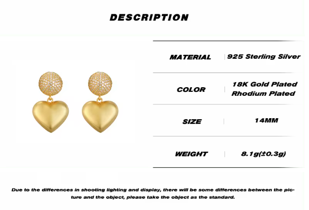 Boucles d'oreilles cœur en plaqué Or 18K  et Rhodium avec micro zircon étincelant