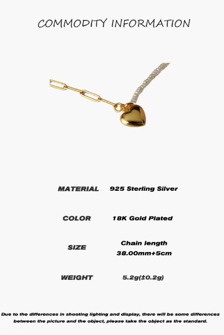 Collier Pendentif Cœur en Argent Sterling 925 Plaqué Or avec Perle d'Eau de Mer