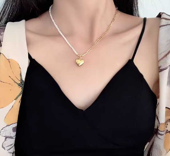 Collier Pendentif Cœur en Argent Sterling 925 Plaqué Or avec Perle d'Eau de Mer