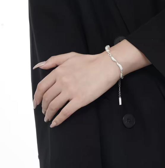 Bracelet à Breloque en Argent Sterling S925, Ornements de Perles et de Silver