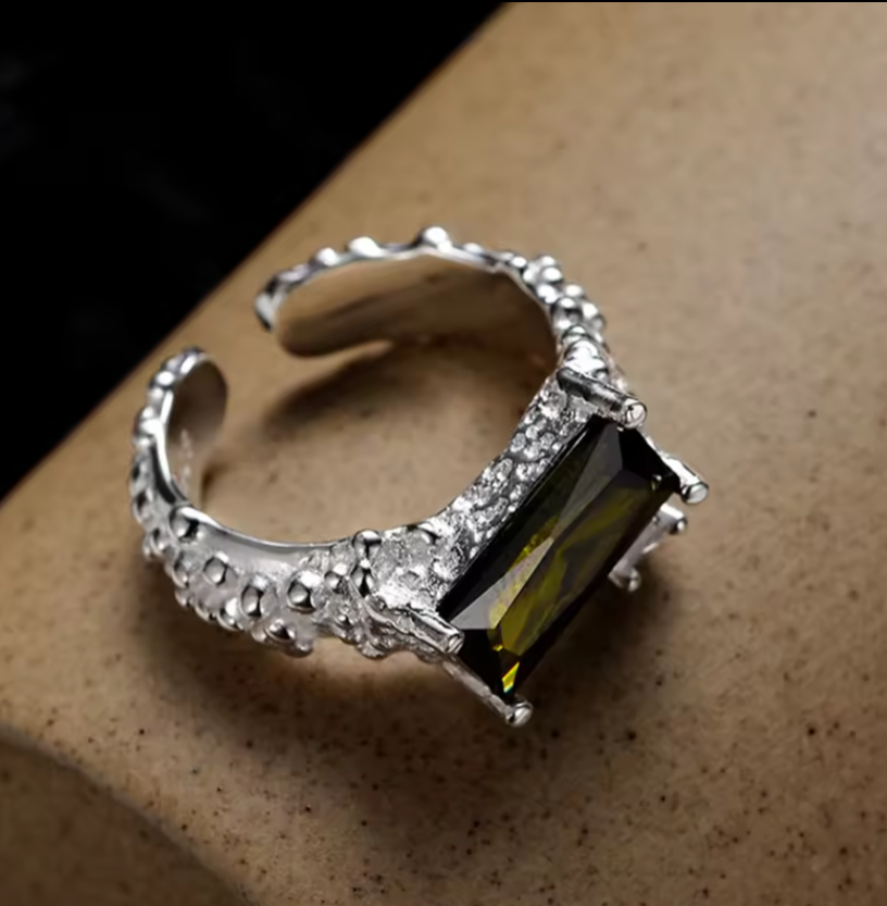 Bague en Argent Sterling S925 avec Pierre Gemme Olivine - Free Size