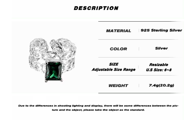 Bague en émeraude, argent sterling 925, avec texture ajourée