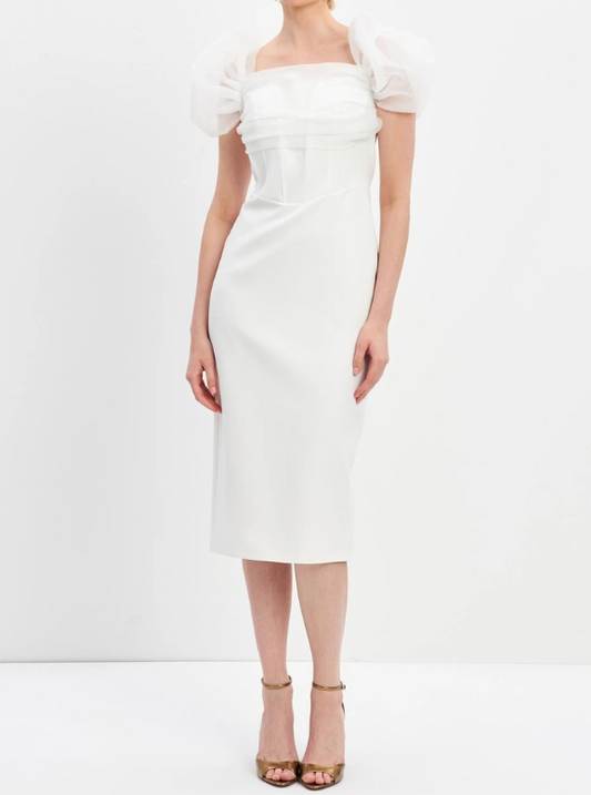 Robe détaillée en tulle écru à col et manches